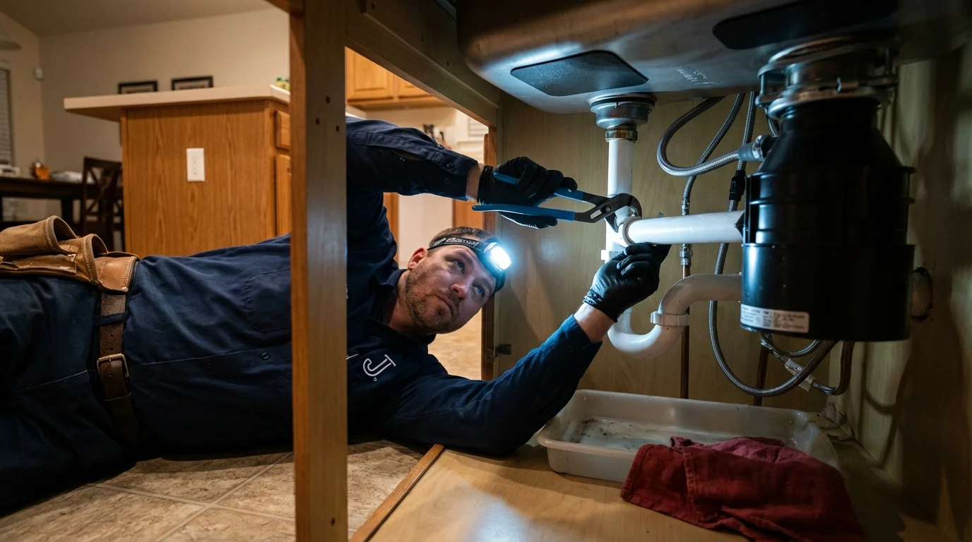 P-trap and supply line connections under a kitchen sink showing a common leak point in Smackover, AR